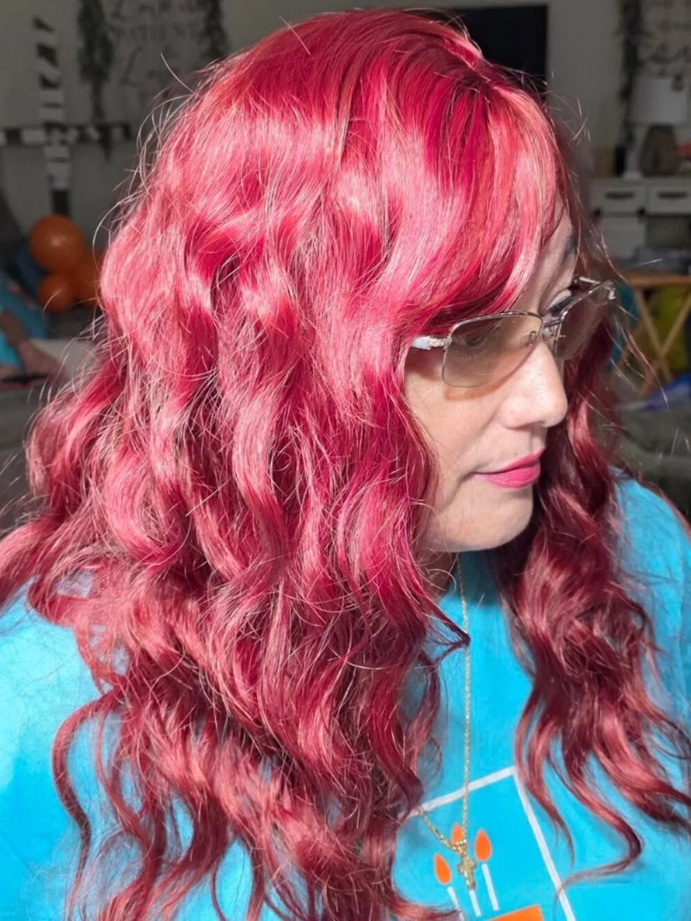 Women's 26 Inch Copper Red Wavy Layered Wig Curtain Bang Butterfly Haircut Style